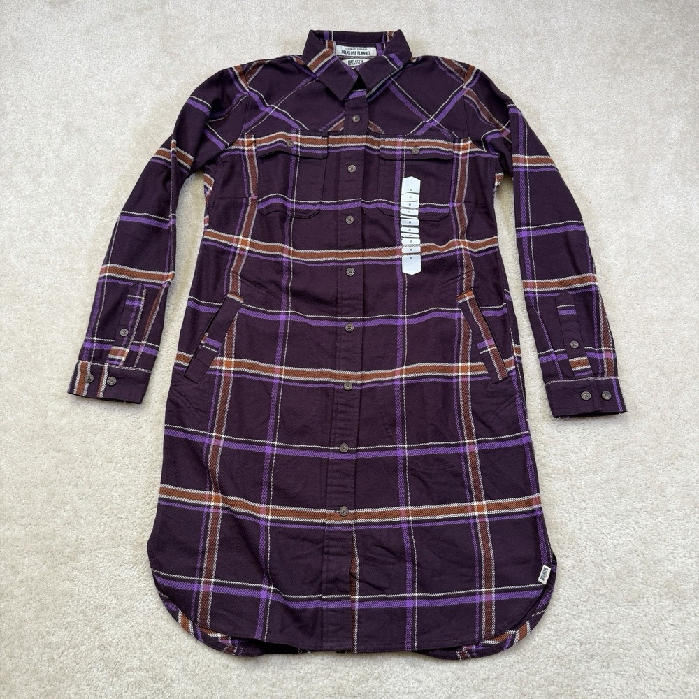 NWT Duluth Folklore Flannel Duster Shirt Dress Womens XS Purple Elderberry Plaid